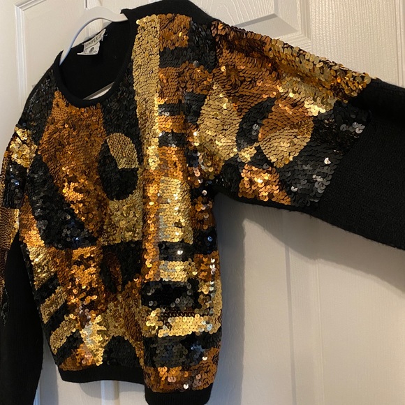 Vintage Semplice Sequin Metallic Front Design Black Wool Cropped Sweater EUC Med - Picture 7 of 16